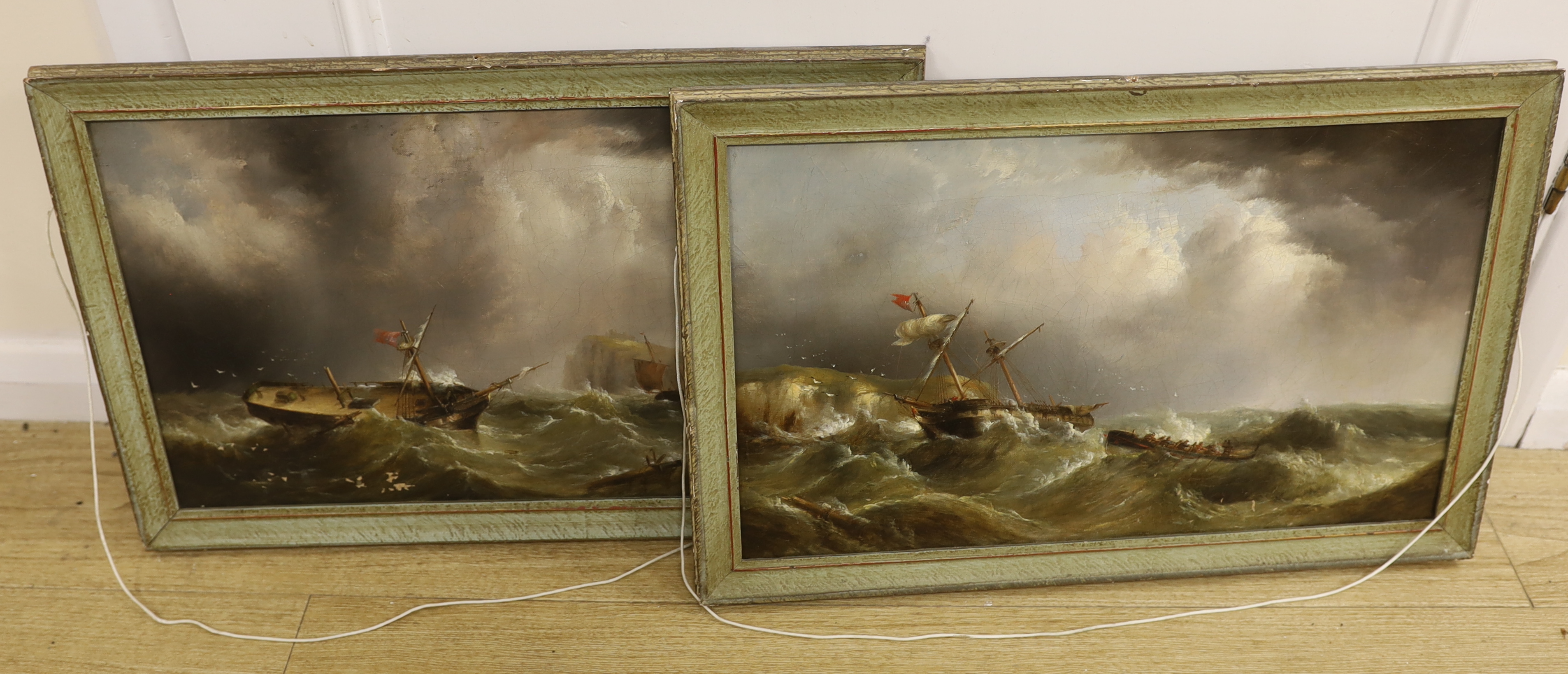19th century School, pair of oils on board, Shipwreck scenes, unsigned, 29 x 49cm